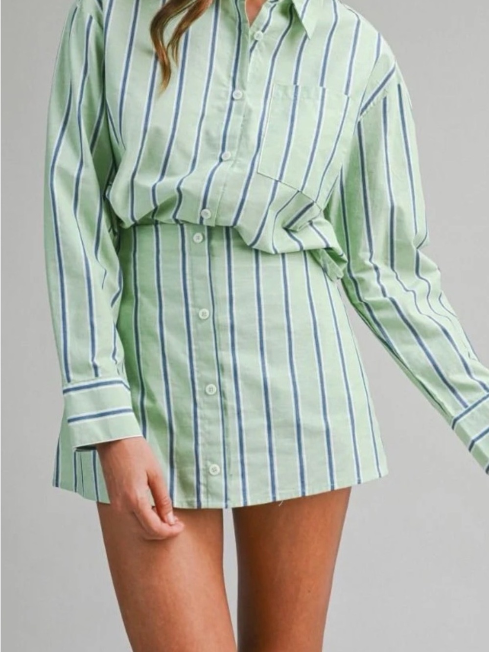Striped Mint Green Button-Up Shirt Dress